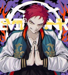 Rule 34 | 1boy, bad id, bad twitter id, black nails, chain, collarbone, earrings, harai kuko, highres, hypnosis mic, jewelry, male focus, nail polish, namakawa, necklace, own hands together, parted lips, red hair, ring, smile, solo, yellow eyes
