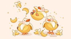 Rule 34 | animal focus, artist name, banana, bird, blush, commentary, duck, food, food focus, fruit, fusion, highres, looking at viewer, no humans, original, simple background, solid oval eyes, sparkle, symbol-only commentary, vanillacherie