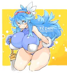 Rule 34 | 1girl, blue eyes, blue hair, blush, borrowed character, breasts, huge breasts, sachito, solo, sword, tecna (yumura kino), thick eyebrows, thighs, weapon
