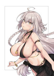 Rule 34 | 1girl, ahoge, alternate breast size, armlet, bangle, between breasts, bikini, black bikini, bracelet, braid, breasts, cleavage, cowboy shot, fate/grand order, fate (series), hair between eyes, huge breasts, jeanne d&#039;arc (fate), jeanne d&#039;arc alter (fate), jeanne d&#039;arc alter (festival outfit) (fate), jewelry, long hair, navel, necklace, o-ring, o-ring bikini, o-ring bottom, official alternate costume, outside border, sarong, silver hair, simple background, solo, strap gap, swimsuit, try (lsc), twin braids, white background, yellow eyes
