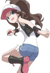 Rule 34 | 1girl, :d, absurdres, ass, baseball cap, blue eyes, breasts, brown hair, child, creatures (company), denim, denim shorts, flat ass, game freak, hat, highres, hilda (pokemon), looking back, nintendo, open mouth, petite, poke ball, poke ball (basic), pokemon, pokemon bw, ponytail, shorts, simple background, skinny, small breasts, smile, solo, tank top, vest, white background, wristband, yamamoto souichirou