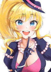 Rule 34 | 1girl, absurdres, bad hands, ban (puka 0507), blonde hair, blue eyes, bracelet, breasts, cleavage, collarbone, dress, gloves, hat, highres, idolmaster, idolmaster cinderella girls, idolmaster cinderella girls starlight stage, index finger raised, jewelry, large breasts, long hair, looking at viewer, mini hat, necklace, ohtsuki yui, open mouth, pearl bracelet, pearl necklace, ponytail, scoop neck, sidelocks, simple background, smile, solo, wavy hair, white background