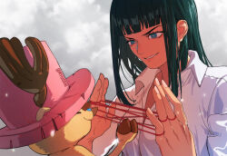 Rule 34 | 1boy, 1girl, absurdres, animal ears, antlers, antlers through headwear, artist name, black hair, blue eyes, blunt bangs, cat&#039;s cradle, closed eyes, closed mouth, commentary, english commentary, hat, highres, horns, long hair, looking at another, mygiorni, nico robin, one piece, pink headwear, reindeer antlers, shirt, smile, teeth, tony tony chopper, white shirt