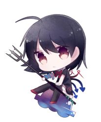 Rule 34 | &gt;:/, 1girl, :/, ahoge, asymmetrical wings, bad id, bad pixiv id, black dress, black hair, black legwear, bow, bowtie, closed mouth, cuivre, dress, full body, hair between eyes, holding, holding weapon, houjuu nue, looking at viewer, polearm, red bow, red bowtie, red eyes, serious, short hair, simple background, snake, solo, tareme, touhou, trident, ufo, v-shaped eyebrows, weapon, white background, wings
