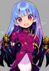 Rule 34 | 1girl, blue hair, blush, bodysuit, breasts, clenched hands, cropped jacket, gloves, grey background, jacket, kula diamond, large breasts, long hair, looking at viewer, multicolored bodysuit, multicolored clothes, onono imoko, open mouth, red eyes, simple background, solo, the king of fighters, upper body, zipper