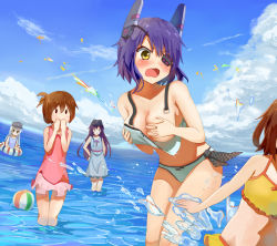 Rule 34 | 10s, 5girls, akatsuki (kancolle), alternate costume, anchor symbol, ball, bare shoulders, beachball, bikini, black hair, blush, breasts, brown hair, commentary request, covering breasts, covering privates, eyepatch, flat cap, folded ponytail, hat, headgear, hibiki (kancolle), ikazuchi (kancolle), inazuma (kancolle), innertube, jitome, kantai collection, large breasts, long hair, maeshimashi, multiple girls, necktie, ocean, open mouth, ponytail, purple hair, short hair, silver hair, standing, swim ring, swimsuit, tenryuu (kancolle), v-shaped eyebrows, wading, wardrobe malfunction, water, wavy mouth, yellow eyes