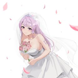 Rule 34 | 1girl, absurdres, bare arms, bare shoulders, blush, bouquet, breasts, character request, cleavage, closed mouth, collarbone, commentary, copyright request, dress, english commentary, flower, highres, jewelry, large breasts, long hair, looking at viewer, necklace, petals, purple eyes, purple hair, see-through, smile, sogogy, veil, wedding dress, white background, white dress