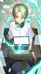 Rule 34 | 1boy, absurdres, brown eyes, brown pants, cable, computer, electricity, evil grin, evil smile, figure four sitting, from above, grin, headphones, headphones around neck, highres, holding, holding laptop, laptop, light brown hair, looking at viewer, male focus, matsu bokkuri, no shoes, original, pants, shirt, short hair, short sleeves, sitting, smile, twitter bird, washing machine, white shirt