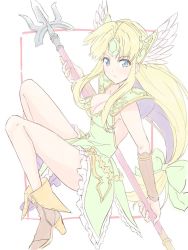 Rule 34 | 1girl, boots, breasts, cleavage, commentary request, high heel boots, high heels, hyakuen raitaa, long hair, riesz, seiken densetsu, seiken densetsu 3, simple background, solo, very long hair, white background