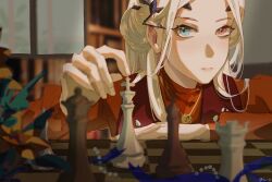 Rule 34 | 1girl, absurdres, aged down, aqua eyes, artist name, bishop (chess), blonde hair, blurry, blurry background, board game, bookshelf, c=o, chess, chess piece, chessboard, close-up, eirene (path to nowhere), flower, gold necklace, hair ornament, half updo, heterochromia, highres, indoors, jacket, jewelry, king (chess), light blush, lips, long hair, looking at viewer, making-of available, necklace, official alternate costume, parted bangs, path to nowhere, playing chess, queen (chess), red eyes, red jacket, red shirt, rook (chess), shirt, solo, upper body, window