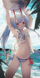 Rule 34 | 1girl, :o, absurdres, arms up, bag, ball, bare arms, beachball, bikini, blue archive, chise (blue archive), chise (swimsuit) (blue archive), cowboy shot, crab, dot nose, floating hair, flower, gluteal fold, hair flower, hair ornament, halo, highres, holding, holding ball, holding beachball, horns, long hair, looking at viewer, navel, ocean, oni horns, oooomiga, outdoors, parted lips, ponytail, purple hair, red eyes, see-through, shoulder bag, solo, standing, stomach, striped bikini, striped clothes, swimsuit, thighs, two-tone bikini, very long hair