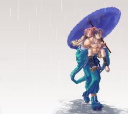 Rule 34 | 1boy, 1girl, mito anji, arc system works, baiken, carrying, glasses, guilty gear, highres, holding, holding umbrella, muscular, oil-paper umbrella, one-eyed, piggyback, pink hair, rain, scar, scar across eye, scar on face, topless, umbrella