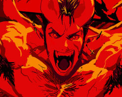Rule 34 | 1boy, armpit hair, armpit peek, bara, check copyright, chest hair, colored skin, copyright request, cross, cross earrings, demon boy, demon horns, earrings, facial hair, fangs, ginkgosan, horns, jewelry, large pectorals, long sideburns, looking at viewer, male focus, mature male, muscular, muscular male, nipples, original, outstretched arms, pectorals, pointy ears, red skin, red theme, short hair, shouting, sideburns, sideburns stubble, single earring, skin-covered horns, solo, spread arms, stubble, thick eyebrows, upper body, v-shaped eyebrows, veins, veiny arms