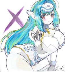 Rule 34 | 1girl, android, blue hair, breasts, commentary request, curvy, female focus, forehead protector, kos-mos, large breasts, long hair, red eyes, solo, xenosaga