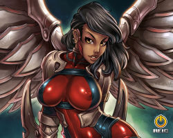 Rule 34 | 1girl, angel wings, artist logo, black hair, bodysuit, breasts, character request, copyright request, covered erect nipples, ear piercing, earrings, half-closed eyes, jewelry, large breasts, lips, multiple piercings, parted lips, piercing, reiq, shiny clothes, skin tight, solo, upper body, wavy mouth, wings, yellow eyes