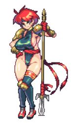 Rule 34 | 1girl, areola slip, breasts, camille (suikoden), gensou suikoden, gensou suikoden i, lance, large breasts, leotard, lowres, nipple slip, nipples, pixel art, polearm, red hair, short hair, sideboob, sideless outfit, solo, spear, tagme, thick thighs, thighs, trident, weapon, wide hips, yumura kino, yumurama