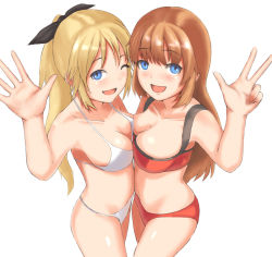 Rule 34 | 2girls, bad id, bad pixiv id, bikini, blonde hair, blue eyes, breast press, breasts, brown hair, charlotte e. yeager, cleavage, goji (five clock), katharine ohare, long hair, multiple girls, one eye closed, ponytail, smile, strike witches, strike witches: suomus misfits squadron, swimsuit, symmetrical docking, waving, wink, world witches series