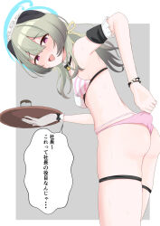 Rule 34 | 1girl, armpits, blue archive, blush, bra, breasts, choker, from side, green hair, grey background, head tilt, highres, japanese text, legs, long hair, looking at viewer, maid, maid headdress, open mouth, panties, pink panties, red eyes, small breasts, solo, standing, striped bra, striped clothes, sweat, swimsuit, thigh strap, thighs, umika (blue archive), underwear, white background, white panties