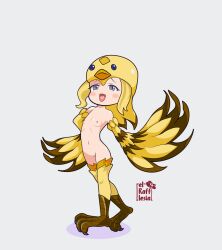 Rule 34 | bird hat, duel monster, feathered wings, flat chest, harpy, helmet, lyrilusc - beryl canary, monster girl, nipples, non-web source, nude, open mouth, shorts, smile, smug, solo, winged arms, wings, yu-gi-oh!