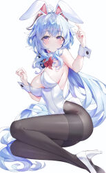 Rule 34 | 1girl, absurdres, ahoge, animal ears, black pantyhose, blue hair, bow, bowtie, breasts, covered navel, detached collar, ganyu (genshin impact), genshin impact, high heels, highres, indol, large breasts, leotard, light blue hair, long hair, lying, on side, pantyhose, playboy bunny, purple eyes, rabbit ears, red bow, red bowtie, sidelocks, solo, thighband pantyhose, thighs, very long hair, wavy hair, white leotard