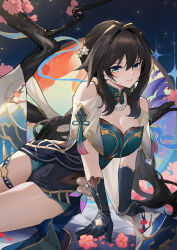 Rule 34 | 1girl, absurdres, aqua dress, aqua eyes, arm support, bare shoulders, black hair, blue gloves, breasts, chinese clothes, cleavage, clothing cutout, commentary request, covered navel, dress, gloves, hair intakes, highres, honkai: star rail, honkai (series), long hair, looking at viewer, medium breasts, ruan mei (honkai: star rail), short sleeves, shoulder cutout, sitting, smile, solo, thigh strap, thighs, tsubasa19900920, very long hair