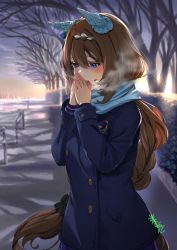 Rule 34 | 1girl, animal ears, artist name, bare tree, black scrunchie, blue coat, blue eyes, blue scarf, braid, braided ponytail, breathing on hands, brown hair, bush, buttons, cityscape, coat, double-breasted, ear covers, enpera, from side, hair ornament, hair scrunchie, highres, horse ears, horse girl, long hair, long sleeves, open mouth, outdoors, scarf, scrunchie, single braid, solo, super creek (umamusume), tree, umamusume, very long hair, winter, youmou usagi