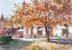 Rule 34 | 6+others, arch, autumn, autumn leaves, building, cafe, chair, multiple others, nara watercolor, original, painting (medium), sitting, table, traditional media, tree, umbrella, watercolor (medium)