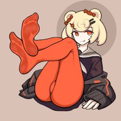 Rule 34 | 1girl, :q, absurdres, animal ears, arknights, arm support, ass, bear ears, bingbingzi, blonde hair, bow, crotch, feet, female focus, food-themed hair ornament, foot focus, gummy (arknights), hair bow, hair ornament, hairclip, hairpin, highres, jacket, legs, legs up, licking lips, looking at viewer, lying, no shoes, pantyhose, red eyes, red pantyhose, school uniform, serafuku, short hair, simple background, sitting, sleeves past wrists, smile, soles, solo, thighs, tongue, tongue out