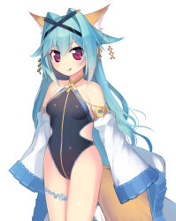 Rule 34 | 1girl, :q, animal ears, bare shoulders, blue hair, blush, breasts, detached sleeves, fox ears, fox tail, hair intakes, hair ornament, kashiwamochi yomogi, long hair, looking at viewer, mogami yoshiaki (sengoku collection), one-piece swimsuit, red eyes, school swimsuit, sengoku collection, simple background, small breasts, smile, solo, swimsuit, tail, tongue, tongue out, very long hair, white background