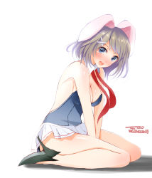 Rule 34 | 10s, 1girl, adapted costume, animal ears, arms at sides, bad id, bad pixiv id, bare shoulders, between legs, blue eyes, blush, breasts, brown hair, rabbit ears, cleavage, from side, hair ornament, hand between legs, high heels, highres, kantai collection, kemonomimi mode, looking at viewer, maya (kancolle), miniskirt, off shoulder, open mouth, pleated skirt, short hair, sideboob, sitting, skirt, solo, tebi (tbd11), tongue, white skirt