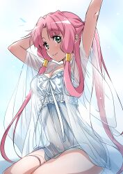 Rule 34 | 1girl, absurdres, alternate costume, aria (manga), armpits, arms up, breasts, closed mouth, green eyes, highres, lingerie, long hair, medium breasts, mizunashi akari, pink hair, see-through, simple background, sitting, smile, solo, thighhighs, tokiani, underwear, white background