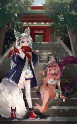 Rule 34 | 2girls, :d, absurdres, animal ears, ankh, bandages, barefoot, blue coat, bracelet, coat, commission, dark-skinned female, dark skin, demon girl, demon horns, demon wings, dress, fang, fox ears, fox girl, fox tail, highres, horns, indie virtual youtuber, jewelry, long hair, long sleeves, looking at viewer, medium hair, multiple girls, naked bandage, nanana (nanana iz), open clothes, open coat, open mouth, original, pink hair, pointing, second-party source, short dress, sitting, skeb commission, skin fang, smile, stairs, standing, stone stairs, tail, thighhighs, tree, trickywi, virtual youtuber, waving, white hair, white thighhighs, wings