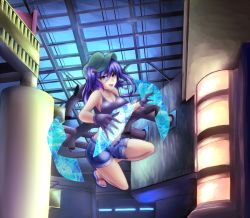 Rule 34 | 1girl, bad id, bad pixiv id, bare shoulders, black gloves, blue eyes, blue hair, breasts, cleavage, collarbone, crop top, denim, denim shorts, gloves, hair bobbles, hair ornament, hat, hologram, holographic interface, holographic monitor, holographic touchscreen, indoors, kawashiro nitori, key, large breasts, matching hair/eyes, open mouth, ryu-ma (tuylp), sandals, short hair, short sleeves, short twintails, shorts, slippers, smile, solo, tank top, touhou, twintails, two side up