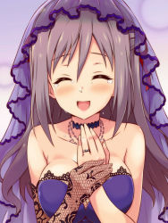 Rule 34 | 10s, 1girl, :d, ^ ^, bare shoulders, blush, breasts, choker, cleavage, closed eyes, elbow gloves, engagement ring, closed eyes, fishnet gloves, fishnets, gloves, grey hair, hair down, idolmaster, idolmaster cinderella girls, jewelry, kanzaki ranko, large breasts, long hair, necklace, open mouth, ornate ring, ring, single elbow glove, smile, solo, tears, upper body, uraichishi, veil