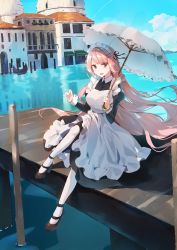 Rule 34 | 1girl, :d, apron, bad id, bad pixiv id, black dress, black footwear, blue sky, blush, breasts, brown eyes, building, cloud, commentary, day, dress, frilled apron, frilled umbrella, frills, hair ornament, hairclip, high heels, highres, holding, holding umbrella, juliet sleeves, large breasts, long hair, long sleeves, looking at viewer, maid, maid apron, maid headdress, ocean, open mouth, original, outdoors, pantyhose, pier, pink hair, puffy sleeves, sabet (young ouo), shoes, sitting, sky, smile, solo, symbol-only commentary, umbrella, very long hair, water, white apron, white pantyhose, white umbrella