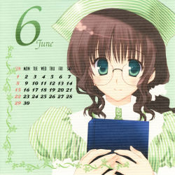 Rule 34 | 00s, 1girl, 2008, blue eyes, blush, book, brown hair, calendar, dress, glasses, green background, green dress, green hat, hat, highres, holding, june, looking at viewer, mitsumi misato, original, puffy sleeves, short hair, short sleeves, smile, solo, striped clothes, striped dress