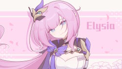 Rule 34 | blue eyes, breasts, character name, cleavage, closed mouth, elf, elysia (honkai impact), elysia (miss pink elf) (honkai impact), eta, falling petals, flower, hair between eyes, hair ornament, highres, honkai (series), honkai impact 3rd, long hair, looking at viewer, petals, pink hair, pink pupils, pointy ears, shirt, smile, triquetra, two-tone background