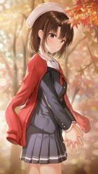 Rule 34 | 1girl, absurdres, autumn, autumn leaves, beret, blurry, blurry background, blush, breasts, brown eyes, brown hair, buttons, cardigan, collarbone, commentary request, cowboy shot, depth of field, facing to the side, from side, hat, highres, interlocked fingers, jacket, jacket on shoulders, katou megumi, leaf, long sleeves, looking at viewer, maple leaf, medium breasts, open clothes, open jacket, outdoors, own hands together, parted lips, pleated skirt, red cardigan, red jacket, saenai heroine no sodatekata, sailor collar, school uniform, serafuku, short hair, sidelocks, skirt, solo, tokkyu, unworn cardigan, v arms, white hat