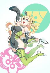 Rule 34 | 1girl, adapted costume, arm up, bare shoulders, blonde hair, breasts, covered navel, detached sleeves, duel monster, full body, genni (yu-gi-oh!), glasses, green eyes, green thighhighs, highres, holding, holding wand, jumping, large breasts, long sleeves, nintella grim, open mouth, pelvic curtain, servant of endymion, shoes, solo, thighhighs, wand, wide sleeves, witchcrafter genni, yu-gi-oh!