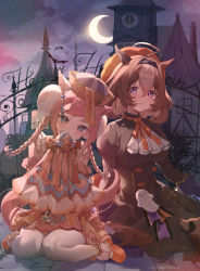 Rule 34 | &gt; &lt;, 2girls, absurdres, agnes digital (lovely jiangshi) (umamusume), agnes digital (umamusume), ahoge, animal ears, black dress, braid, breasts, brown hair, commentary, covering own mouth, crescent, detached sleeves, double bun, dress, ear covers, frilled sleeves, frills, hair between eyes, hair bun, hat, highres, horse ears, horse girl, jiangshi, large breasts, long sleeves, looking at viewer, meisho doto (dot-o&#039;-lantern) (umamusume), meisho doto (umamusume), multicolored hair, multiple girls, neck ribbon, official alternate costume, ofuda, orange headwear, orange ribbon, pink footwear, pink hair, puffy sleeves, purple eyes, qingdai guanmao, ribbon, seiza, shoes, short hair, single ear cover, sitting, symbol-only commentary, thighhighs, twin braids, two-tone hair, umamusume, white thighhighs, yogukasu