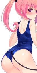 Rule 34 | 1girl, ass, blush, cowboy shot, demon tail, from behind, long hair, looking at viewer, mirei, nana asta deviluke, one-piece swimsuit, purple eyes, school swimsuit, simple background, solo, swimsuit, tail, to love-ru, twintails, white background