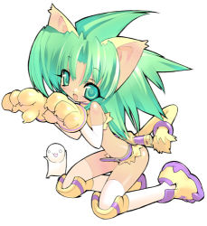 Rule 34 | 1girl, animal ears, animal hands, blade (galaxist), cat ears, cat tail, cham cham, claws, elbow gloves, full body, gloves, green eyes, green hair, knee pads, kneeling, lowres, matching hair/eyes, open mouth, paw gloves, samurai spirits, simple background, solo, tail, thighhighs, white background