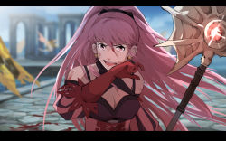 Rule 34 | 1girl, bare shoulders, blood, blood on face, blood on ground, blurry, breasts, claude von riegan, cleavage, depth of field, dragon riding, fire emblem, fire emblem: three houses, flag, freikugel (weapon), gloves, highres, hilda valentine goneril, long hair, nintendo, norue, pink eyes, pink gloves, pink hair, ponytail, solo focus, wiping face