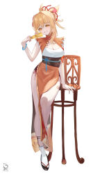 Rule 34 | 1girl, absurdres, adapted costume, bare arms, black footwear, black sash, blonde hair, bracelet, breasts, chair, cleavage, dress, folding fan, genshin impact, grin, hand fan, head tilt, highres, holding, holding fan, jewelry, leg tattoo, long hair, looking at viewer, orange dress, ponytail, sandals, sash, sazanami (re n rentaro), side slit, simple background, small breasts, smile, socks, solo, tattoo, white background, white socks, yellow eyes, yoimiya (genshin impact)