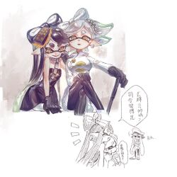 Rule 34 | 3girls, ^ ^, agent 3 (splatoon), black dress, black gloves, black hair, black pantyhose, bow-shaped hair, callie (splatoon), chinese text, closed eyes, cousins, cross-shaped pupils, dress, earrings, film grain, gloves, green hair, grey hair, hand on own knee, highres, inkling, inkling girl, inkling player character, jewelry, marie (splatoon), mole, mole under eye, multicolored hair, multiple girls, neck ring, nintendo, open mouth, pantyhose, pointy ears, smile, speech bubble, splatoon (series), splatoon 3, strapless, strapless dress, symbol-shaped pupils, tentacle hair, thenintlichen96, translation request, two-tone hair, white pantyhose, yellow eyes