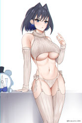 Rule 34 | 1girl, absurdres, bare shoulders, black hair, blue eyes, breasts, brulee, cable knit, clock, commentary, cowboy shot, detached sleeves, english commentary, garter straps, grey panties, grey thighhighs, hair intakes, highres, hololive, hololive english, kronie (ouro kronii), large breasts, looking at viewer, meme attire, ouro kronii, panties, ribbed legwear, ribbed panties, ribbed sleeves, ribbed thighhighs, short hair, side-tie panties, sleeveless, sleeveless turtleneck, solo, standing, sweater, thighhighs, thighs, turtleneck, underboob, underwear, virgin destroyer sweater, virtual youtuber, white background, white garter straps, white sweater