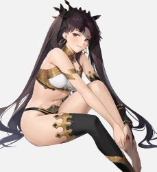 Rule 34 | 1girl, armlet, bikini, bikini pull, black hair, black thighhighs, bracelet, breasts, clothes pull, cotta (heleif), detached sleeves, earrings, fate/grand order, fate (series), gold trim, hair ribbon, highres, hoop earrings, ishtar (fate), jewelry, legs, long hair, looking at viewer, medium breasts, neck ring, panties, red eyes, ribbon, single detached sleeve, single thighhigh, sitting, smile, swimsuit, thighhighs, thighs, tiara, two side up, underwear