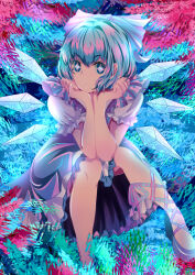 Rule 34 | 1girl, absurdres, blue bow, blue dress, blue eyes, blue footwear, blue hair, bow, cirno, closed mouth, detached wings, dress, foot out of frame, frilled dress, frilled sleeves, frills, hair bow, hands on own chin, head rest, highres, kinosuke (pixiv11213139), no socks, pinafore dress, puffy short sleeves, puffy sleeves, shirt, short hair, short sleeves, sleeveless dress, solo, symbol-shaped pupils, touhou, white shirt, wings