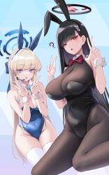 Rule 34 | 2girls, animal ears, bare arms, black hair, black leotard, blonde hair, blue archive, blue eyes, blue leotard, bodystocking, breasts, bunny day, detached collar, fake animal ears, hair ornament, hairclip, headgear, highres, huge breasts, large breasts, leotard, long hair, multiple girls, open mouth, pantyhose, playboy bunny, rabbit ears, red eyes, rio (blue archive), sada mamesuke, thighhighs, toki (blue archive), toki (bunny) (blue archive), v, very long hair, white thighhighs, wrist cuffs