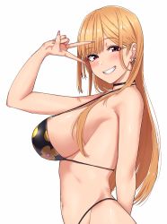Rule 34 | 1girl, :d, absurdres, arm behind back, arm up, bare shoulders, bikini, black bikini, black choker, blonde hair, blush, bouhatei (t-back), breasts, choker, ear piercing, fingernails, floral print, from side, grin, highres, kitagawa marin, large breasts, long fingernails, long hair, looking at viewer, looking to the side, nail polish, open mouth, parted lips, piercing, pink nails, print bikini, red eyes, revision, sideboob, simple background, smile, solo, sono bisque doll wa koi wo suru, strap gap, swimsuit, v, very long hair, white background